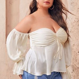 Plus Size off Shoulder Flounce Sleeve Drawstring Ruched Bust Peplum Top cream